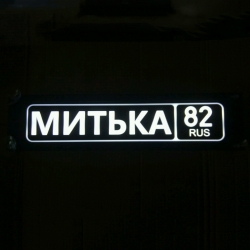 Светящаяся табличка на стекло Митька 82 RUS. Табличка госномер на стекло светящаяся. Светящаяся табличка Митька 82 RUS.